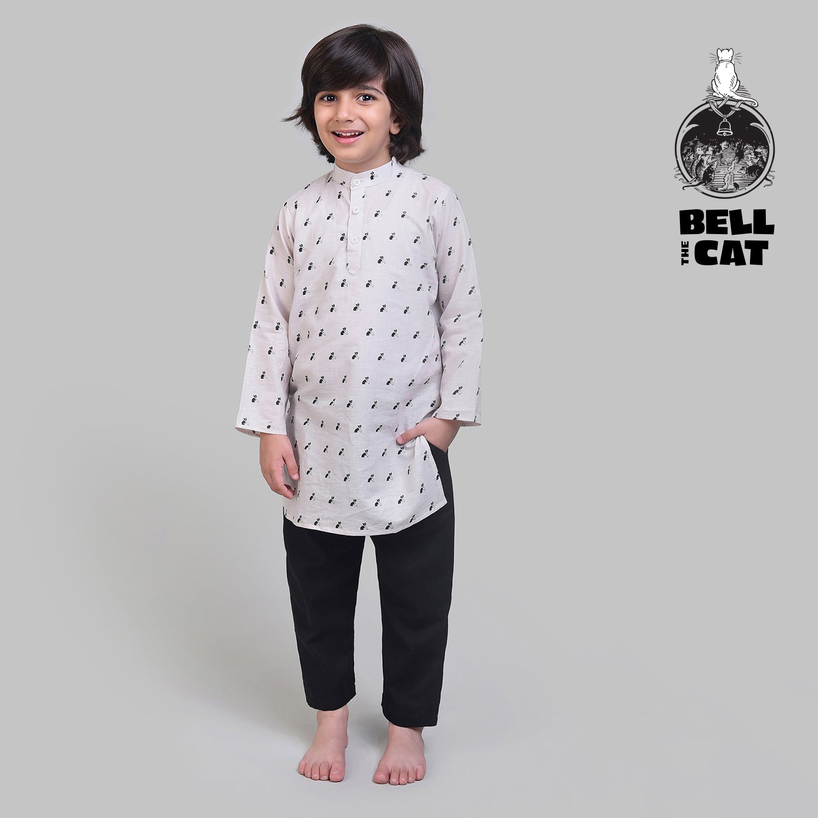 Collar Full Sleeved Cotton Kurta & Pajama Set For Boys With Bell The Cat Print