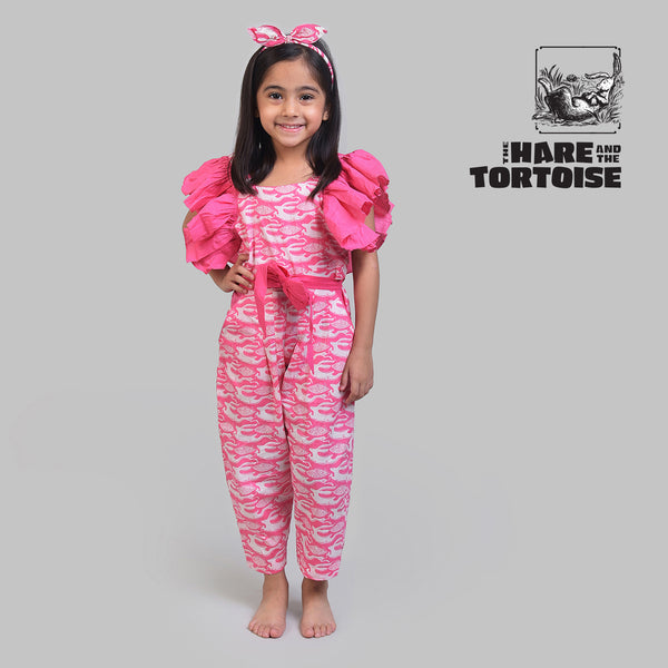 Cotton Jumpsuit For Girls with The Hare & The Tortoise Print