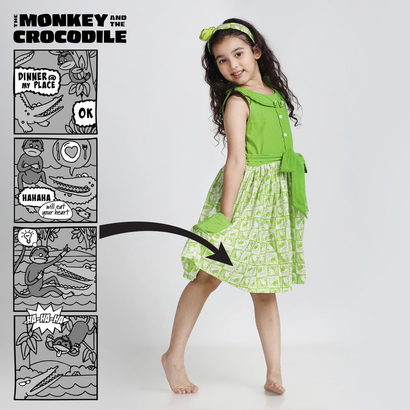Cotton Roll Collar Gathered Frock For Girls with The Monkey & The Crocodile Print