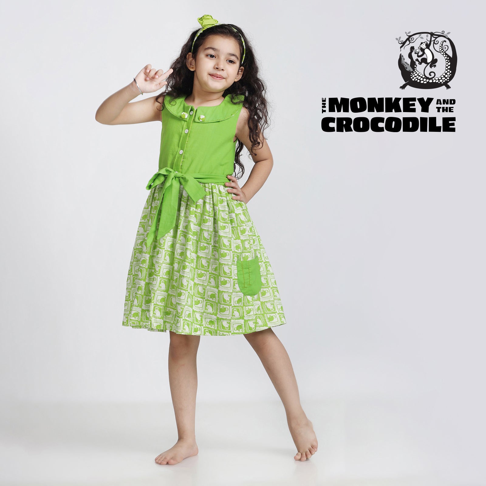 Cotton Roll Collar Gathered Frock For Girls with The Monkey & The Crocodile Print