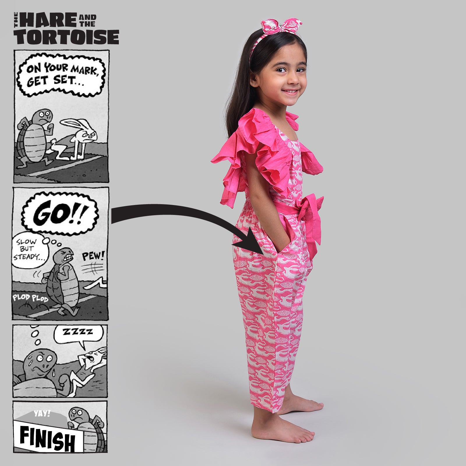 Cotton Jumpsuit For Girls with The Hare & The Tortoise Print