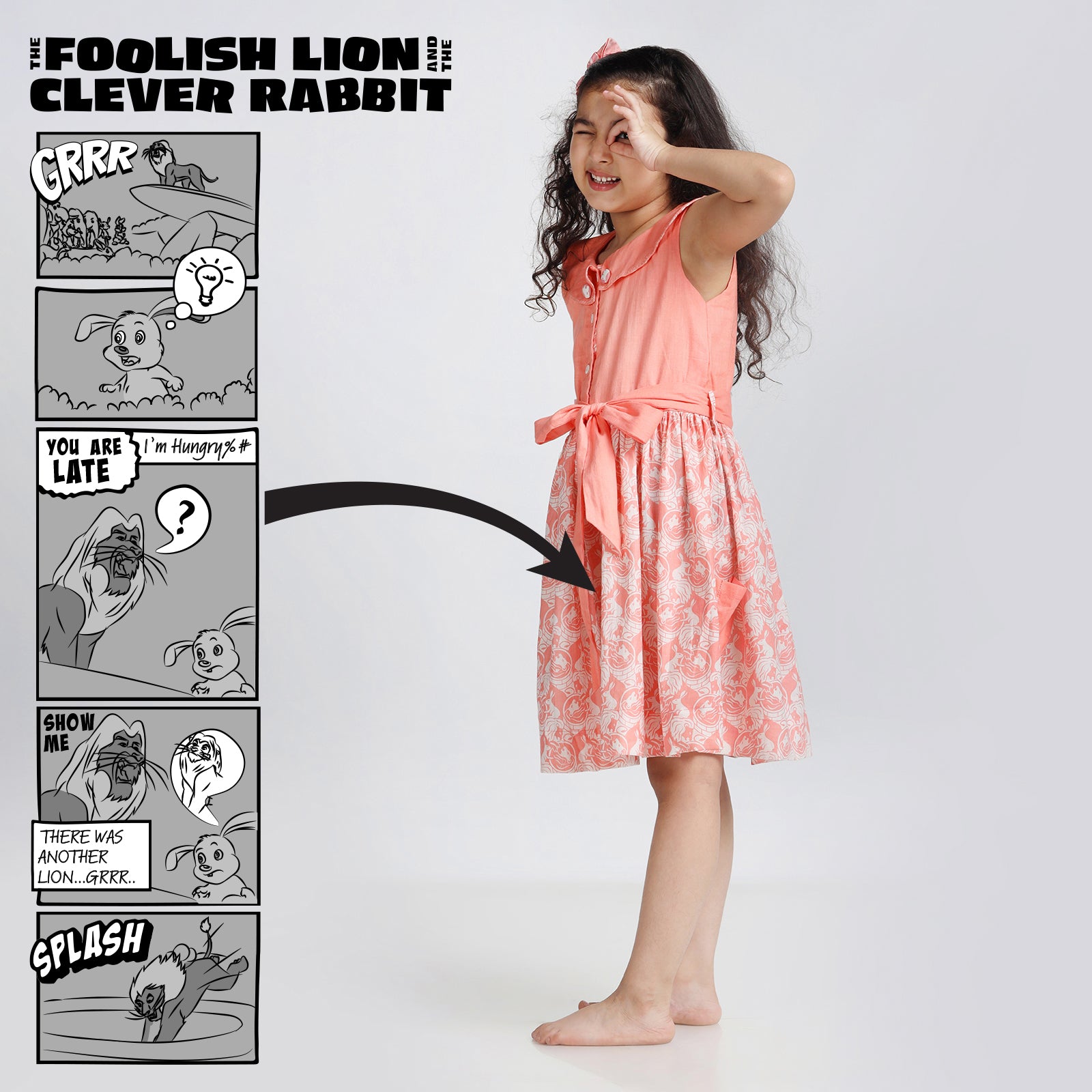 Cotton Roll Collar Gathered Frock For Girls with The Foolish Lion & The Clever Rabbit Print
