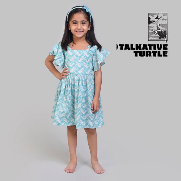 Cotton Flutter Sleeve Frock For Girls with The Talkative Turtle Print