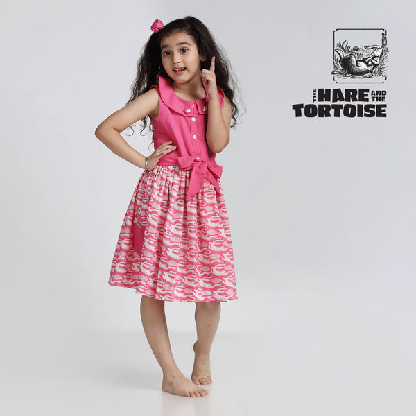 Cotton Roll Collar Gathered Frock For Girls with The Hare & The Tortoise Print