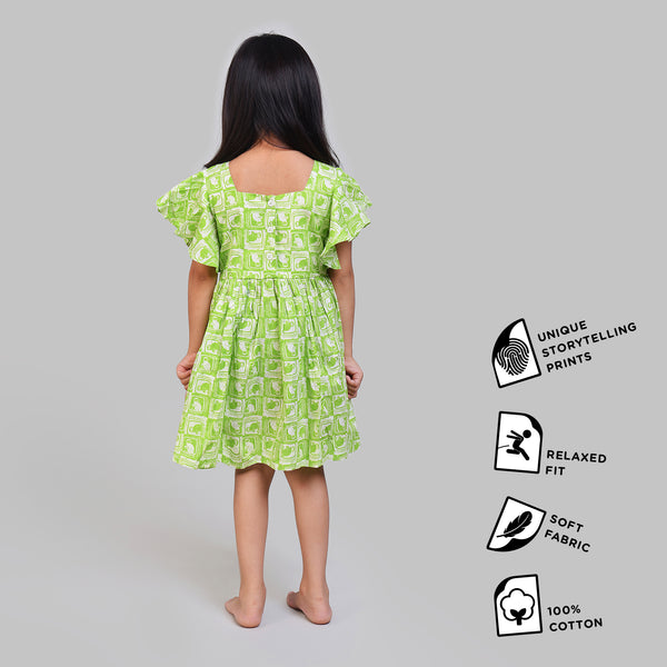 Cotton Flutter Sleeve Frock For Girls with The Monkey & The Crocodile Print