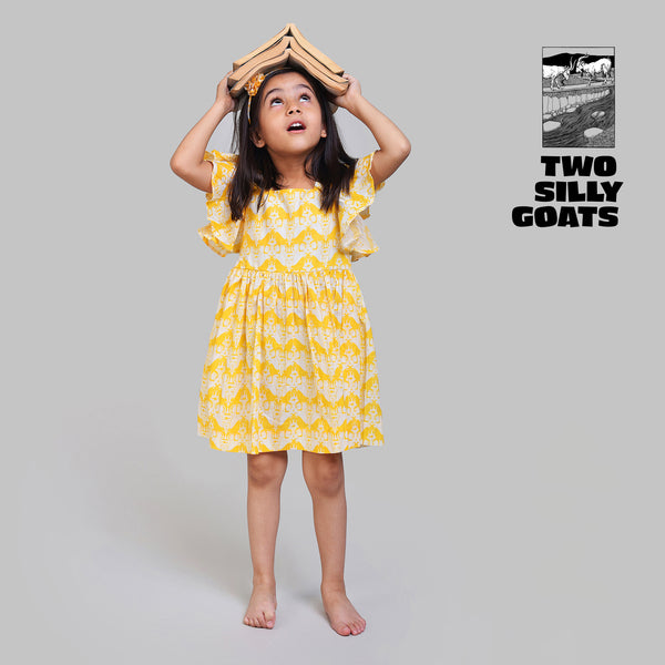 Cotton Flutter Sleeve Frock For Girls with Two Silly Goats Print