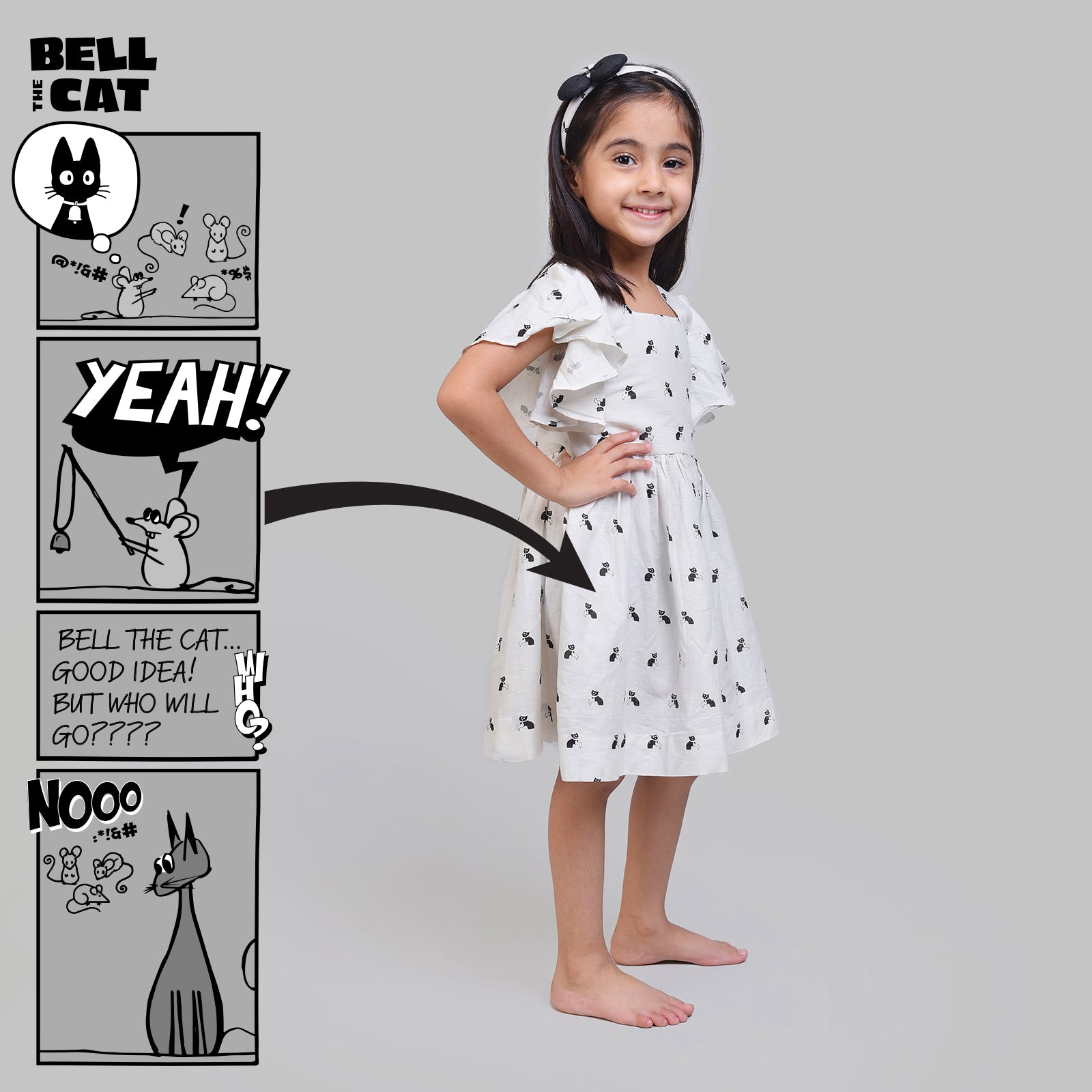 Cotton Flutter Sleeve Frock For Girls with Bell The Cat Print