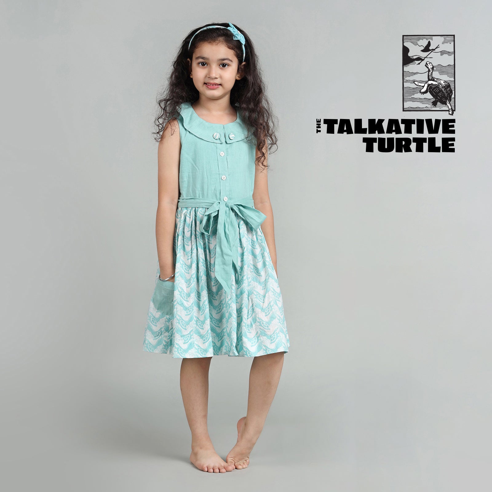 Cotton Roll Collar Gathered Frock For Girls with The Talkative Turtle Print