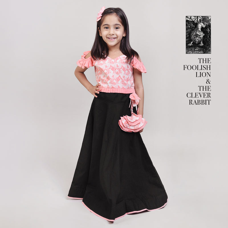 Cotton Black Lehenga with Stylish Blouse printed with Foolish Lion & Clever Rabbit Story