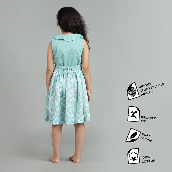 Cotton Roll Collar Gathered Frock For Girls with The Talkative Turtle Print