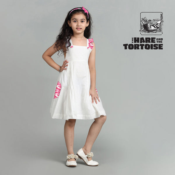 Cotton White Crisscross Back Frock For Girls with The Hare & The Tortoise Print