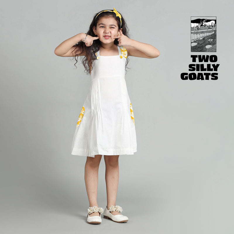 Cotton White Crisscross Back Frock For Girls with Two Silly Goats Print