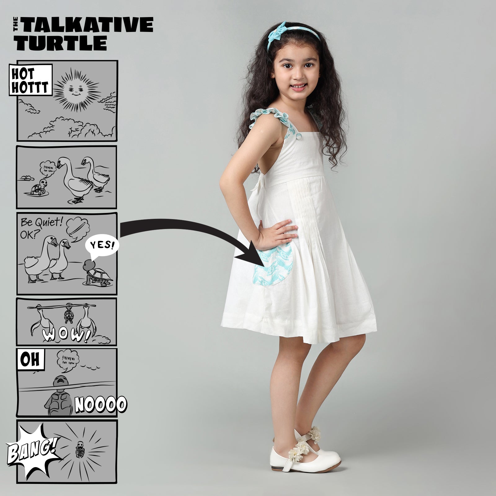 Cotton White Crisscross Back Frock For Girls with The Talkative Turtle Print