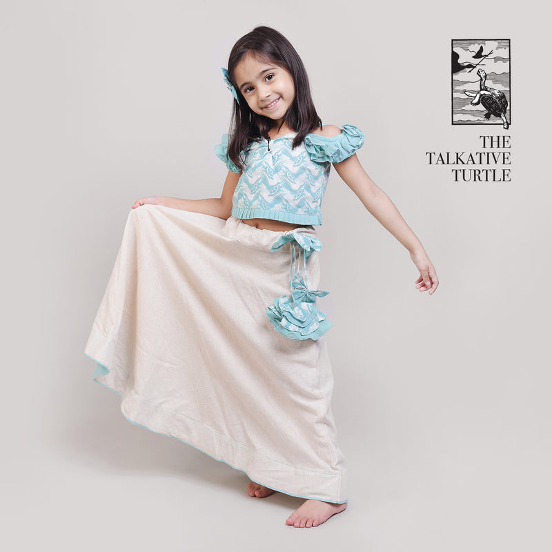 Cotton White Lehenga with Stylish Blouse printed with The Talkative Turtle Story