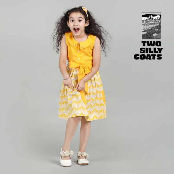 Cotton Roll Collar Gathered Frock For Girls with Two Silly Goats Print