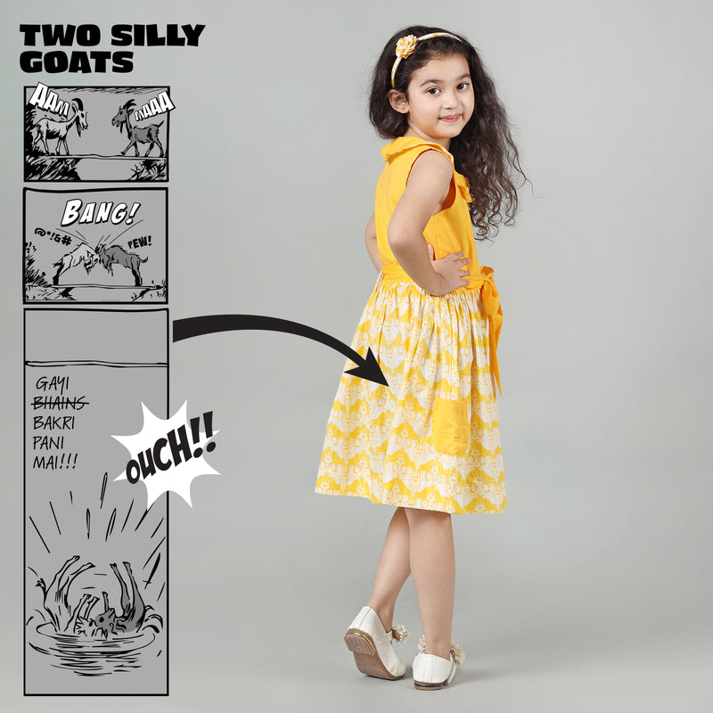 Cotton Roll Collar Gathered Frock For Girls with Two Silly Goats Print