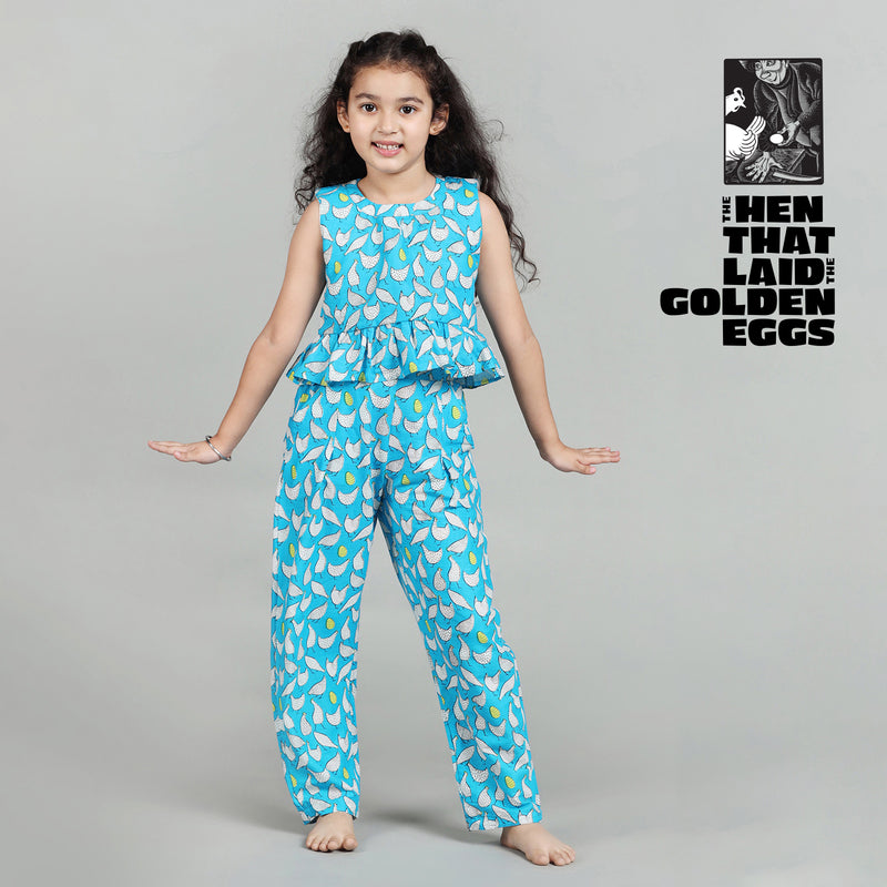 Cotton Crop Top & Pants For Girls with Hen That Laid The Golden Eggs Print