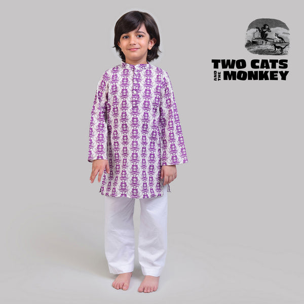 Collar Full Sleeved Cotton Kurta & Pajama Set For Boys with Two Foolish Cats and The Clever Monkey Print