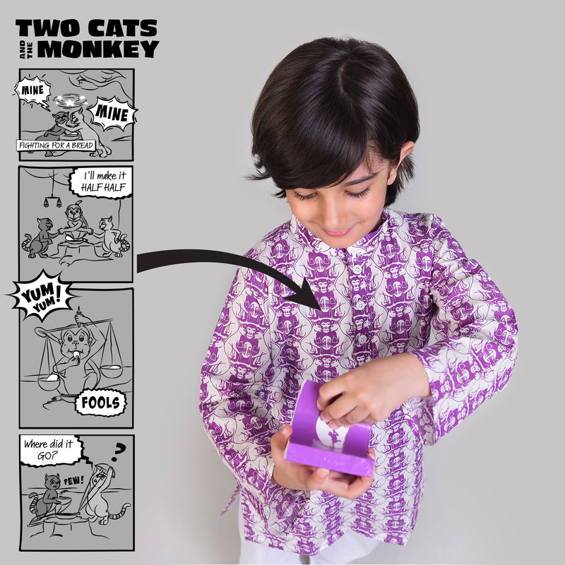 Collar Full Sleeved Cotton Kurta & Pajama Set For Boys with Two Foolish Cats and The Clever Monkey Print