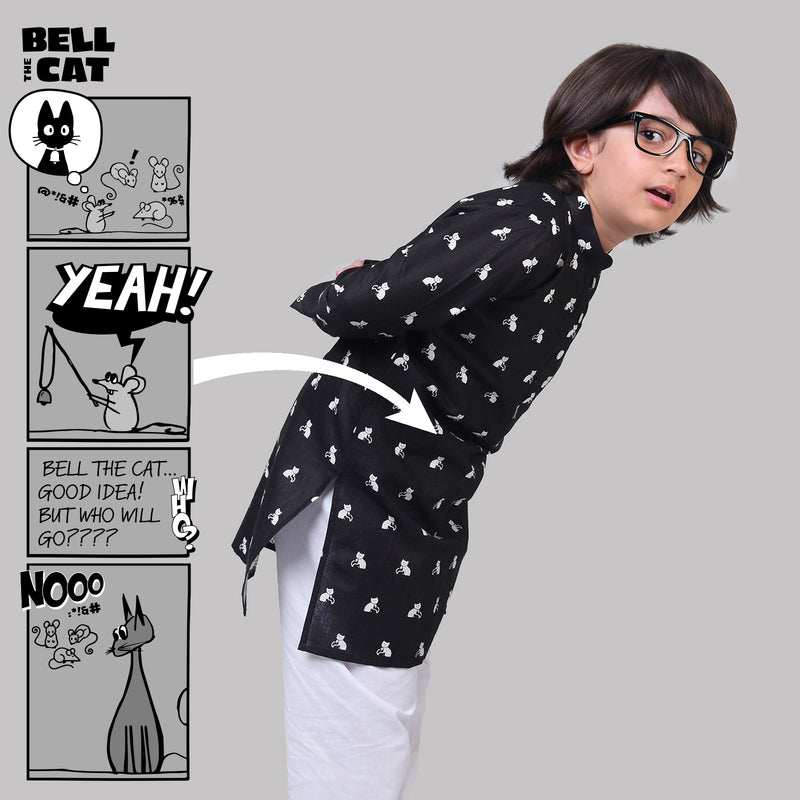 Collar Full Sleeved Cotton Kurta & Pajama Set For Boys With Bell The Cat Print