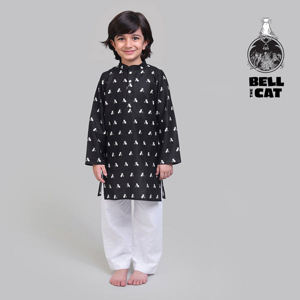 Collar Full Sleeved Cotton Kurta & Pajama Set For Boys With Bell The Cat Print