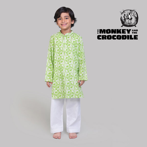 Collar Full Sleeved Cotton Kurta & Pajama Set For Boys with The Monkey & The Crocodile Print