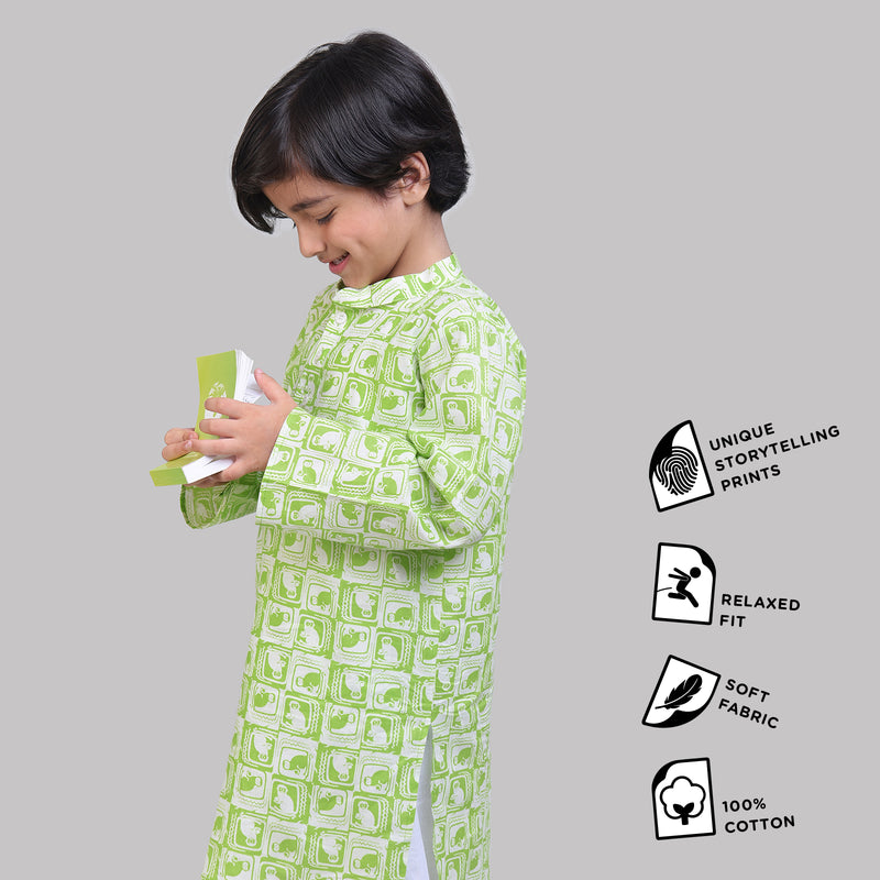 Collar Full Sleeved Cotton Kurta & Pajama Set For Boys with The Monkey & The Crocodile Print