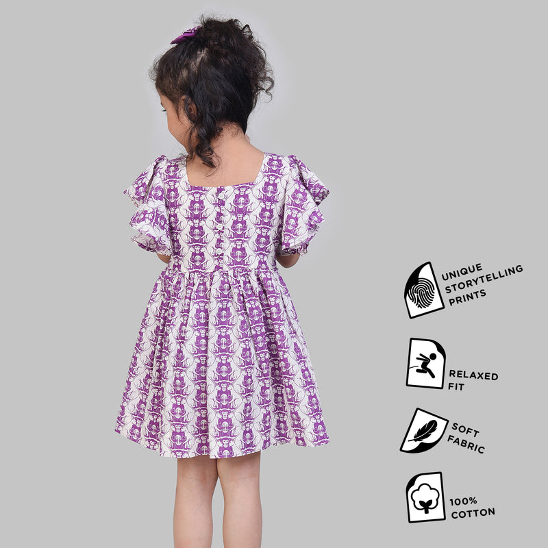 Cotton Flutter Sleeve Frock For Girls with Two Foolish Cats And The Clever Monkey Print