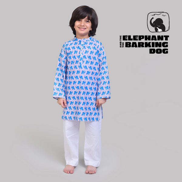 Collar Full Sleeved Cotton Kurta & Pajama Set For Boys With The Elephant & The Barking Dog Print