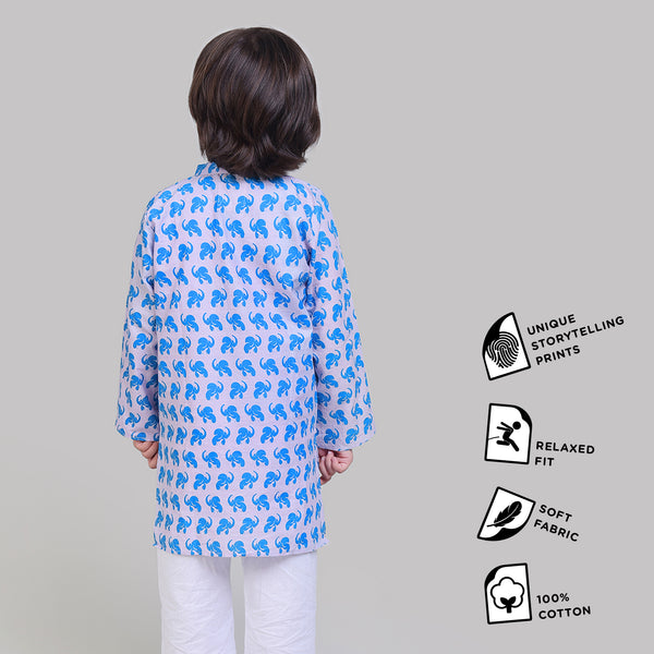 Collar Full Sleeved Cotton Kurta & Pajama Set For Boys With The Elephant & The Barking Dog Print
