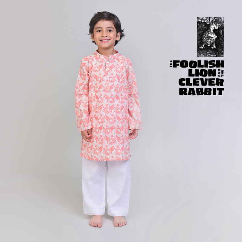 Collar Full Sleeved Cotton Kurta & Pajama Set For Boys With The Foolish Lion & The Clever Rabbit Print