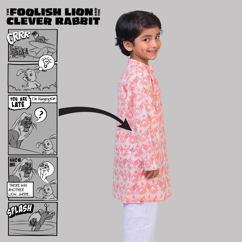 Collar Full Sleeved Cotton Kurta & Pajama Set For Boys With The Foolish Lion & The Clever Rabbit Print