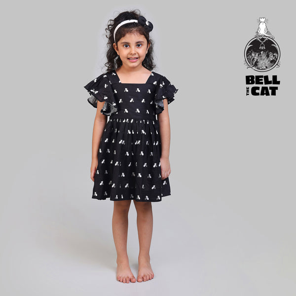 Cotton Flutter Sleeve Frock For Girls with Bell The Cat Print