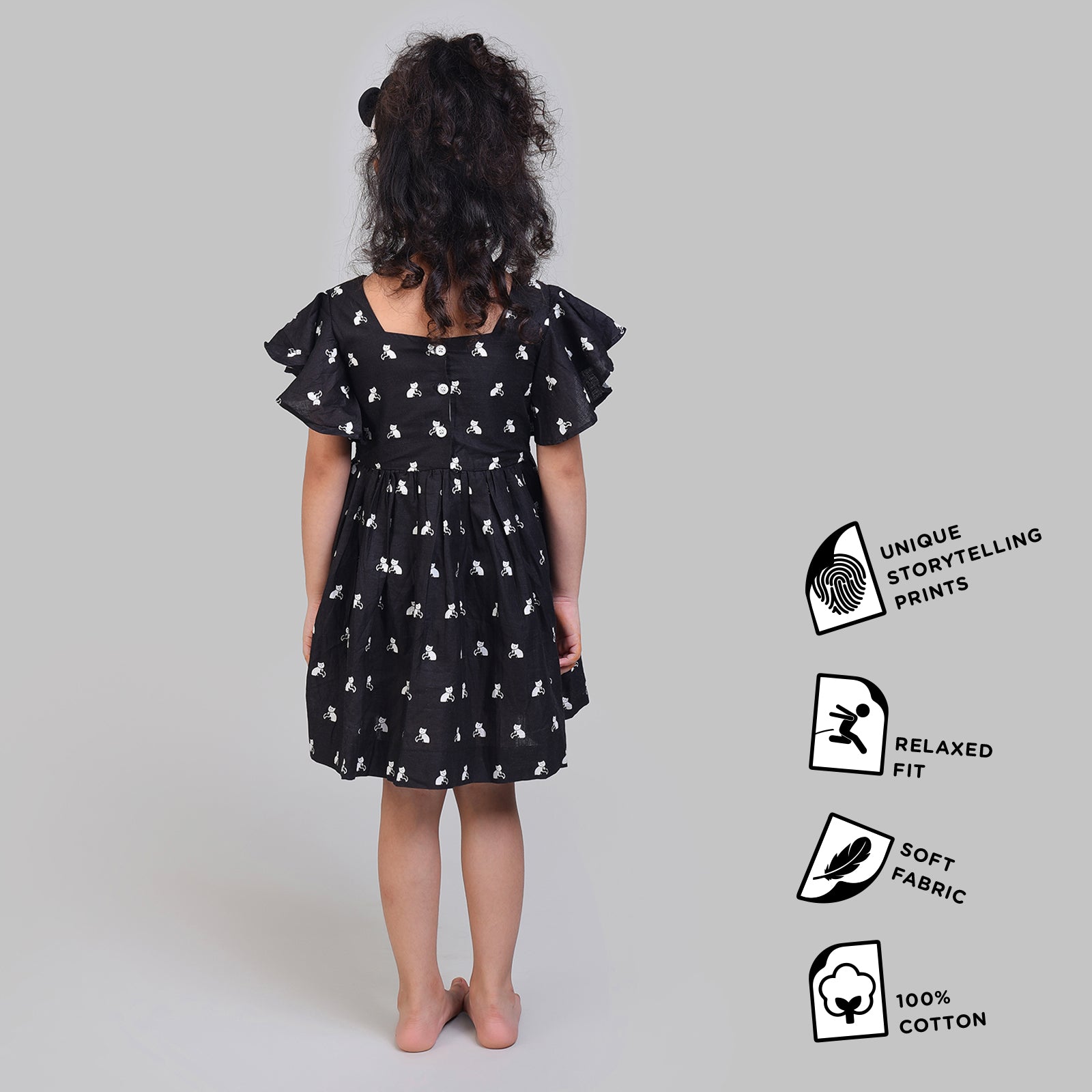 Cotton Flutter Sleeve Frock For Girls with Bell The Cat Print