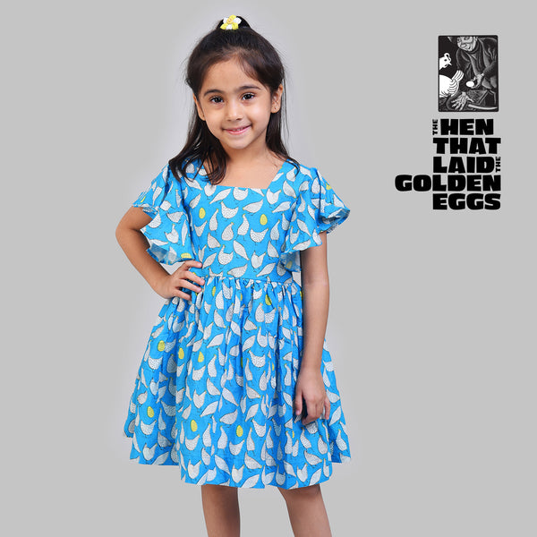 Cotton Flutter Sleeve Frock For Girls with Hen That Laid The Golden Eggs Print