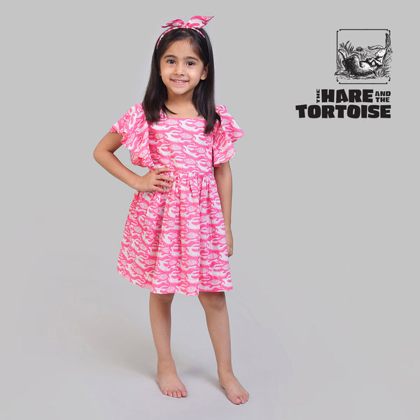 Cotton Flutter Sleeve Frock For Girls with The Hare & The Tortoise Print