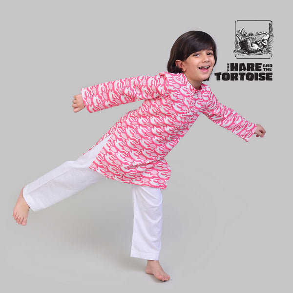 Collar Full Sleeved Cotton Kurta & Pajama Set For Boys With The Hare & The Tortoise Print