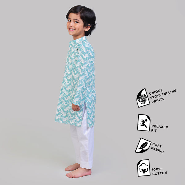 Collar Full Sleeved Cotton Kurta & Pajama Set For Boys with The Talkative Turtle Print