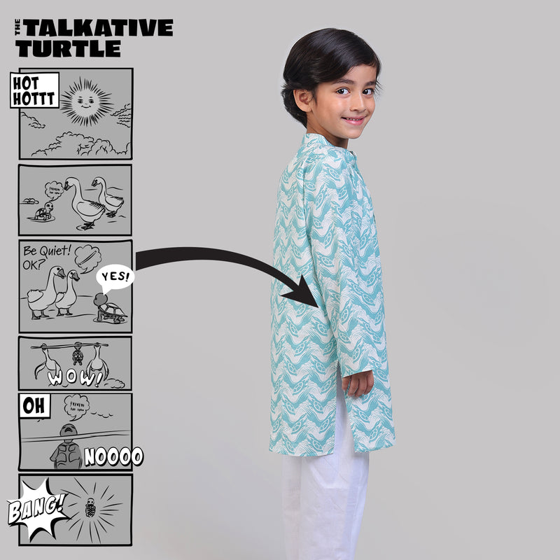 Collar Full Sleeved Cotton Kurta & Pajama Set For Boys with The Talkative Turtle Print
