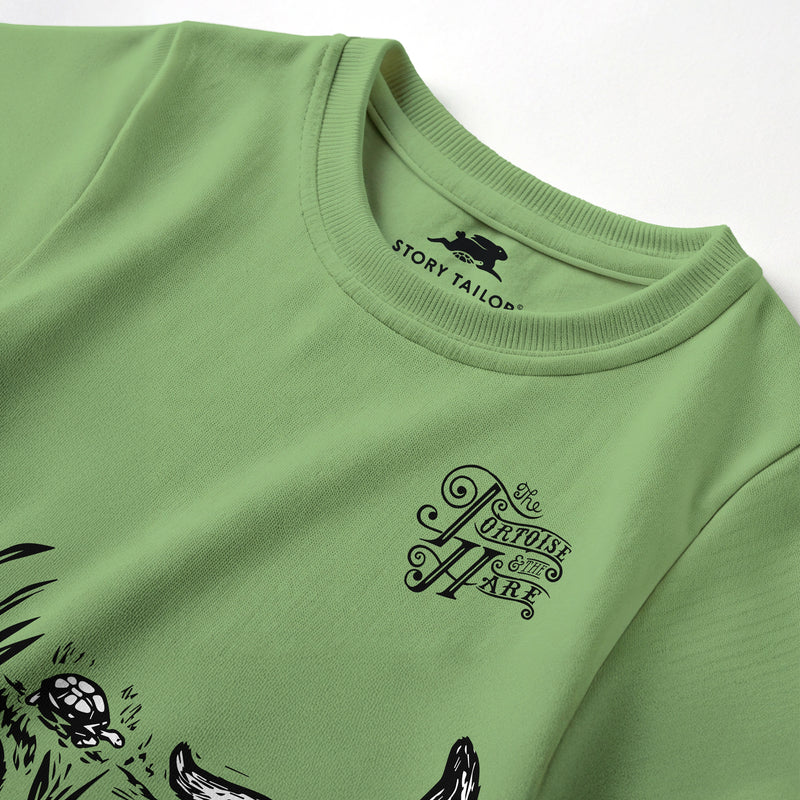 The Hare & the Tortoise Story Print Boys T shirt - Pale Green | 100% Cotton | Story-Based Kids wear