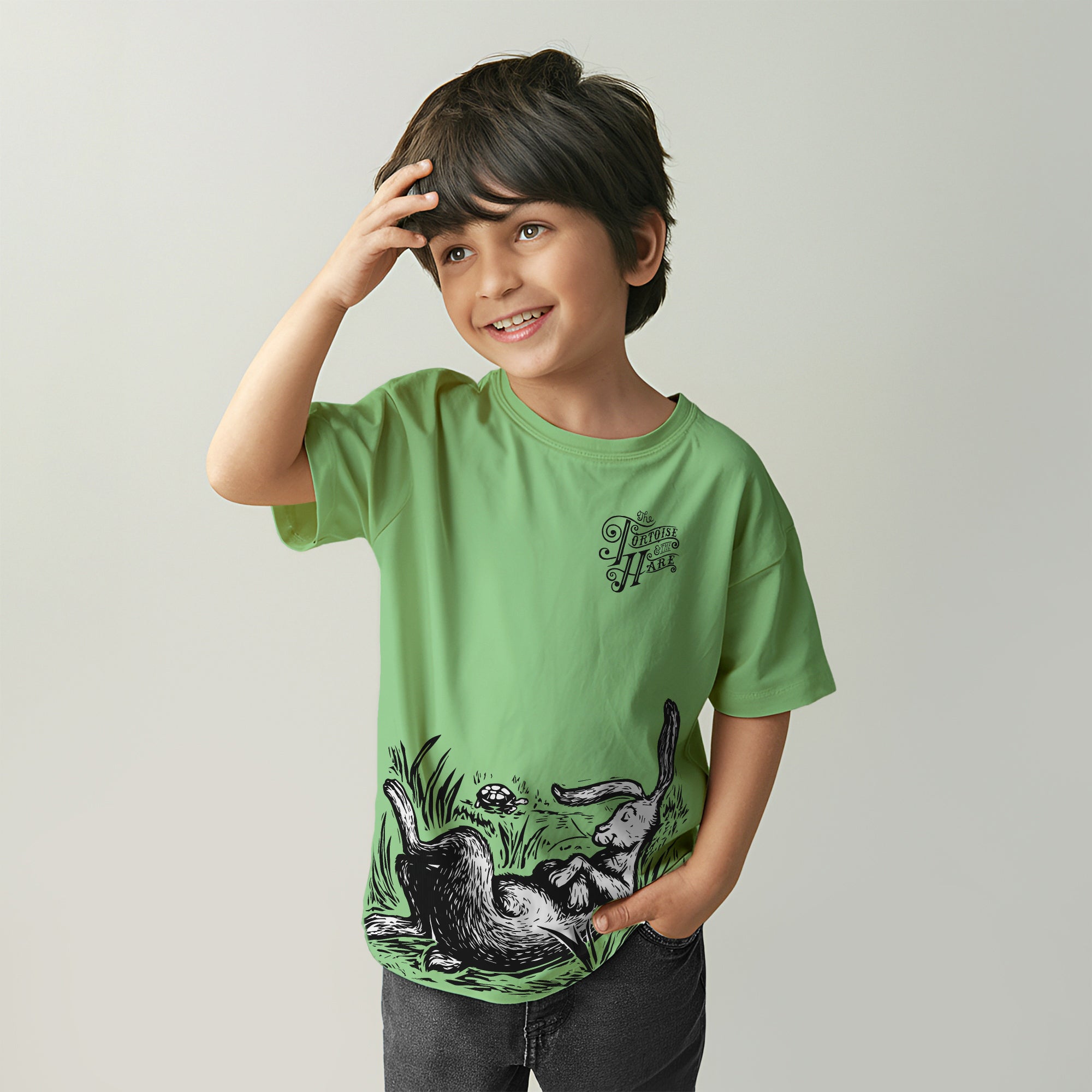 The Hare & the Tortoise Story Print Boys T shirt - Pale Green | 100% Cotton | Story-Based Kids wear
