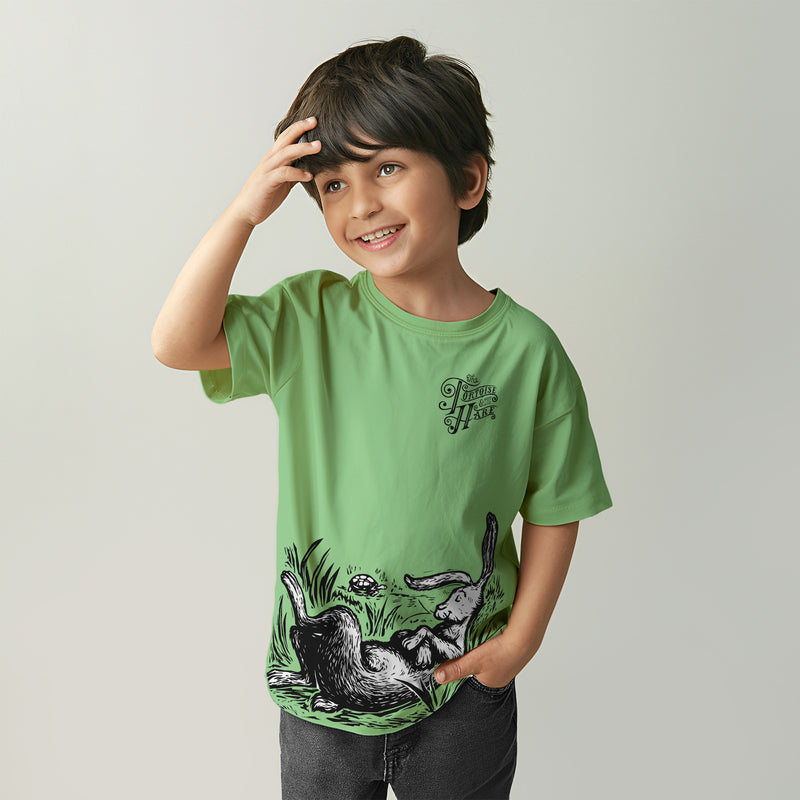 The Hare & the Tortoise Story Print Boys T shirt - Pale Green | 100% Cotton | Story-Based Kids wear