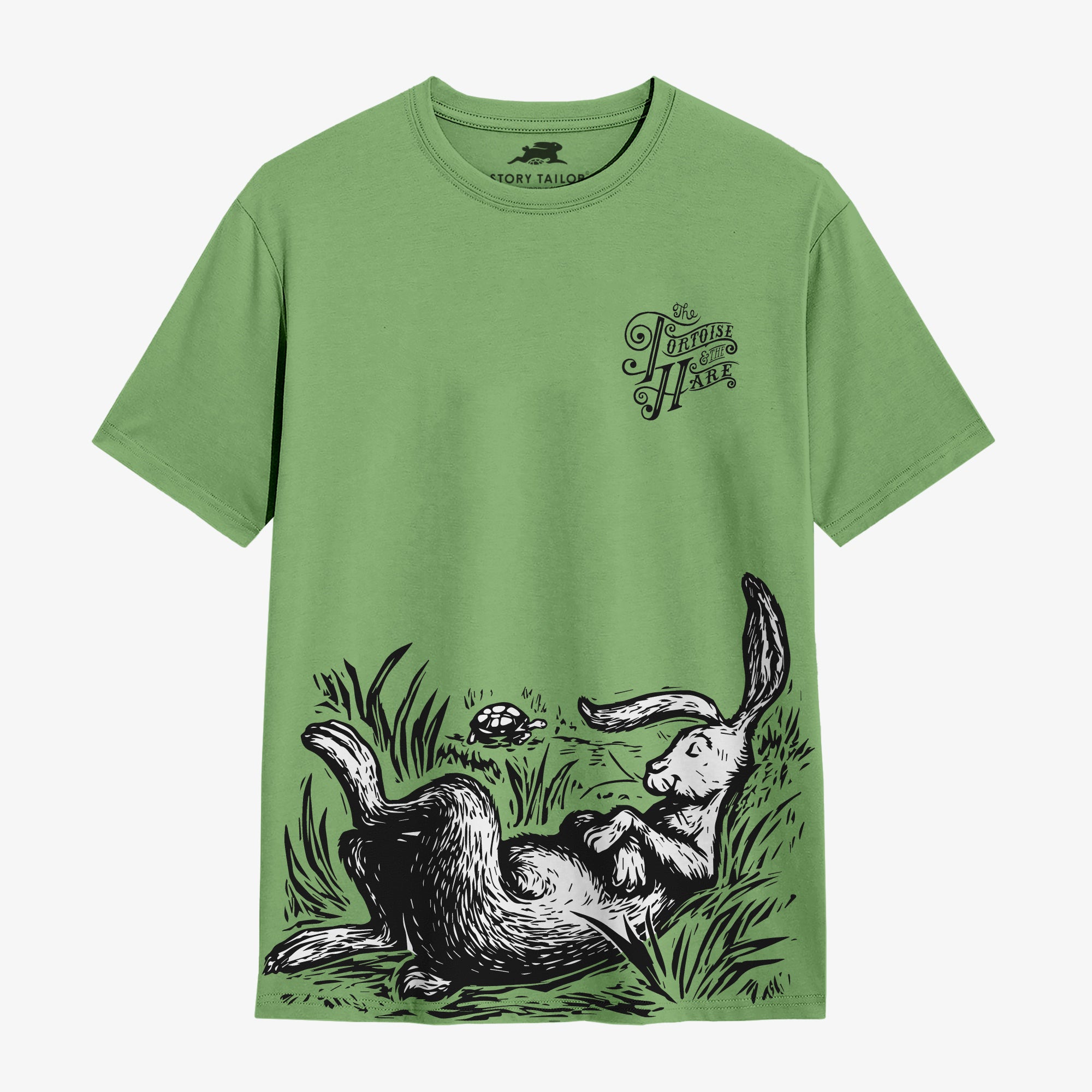 The Hare & the Tortoise Story Print Boys T shirt - Pale Green | 100% Cotton | Story-Based Kids wear
