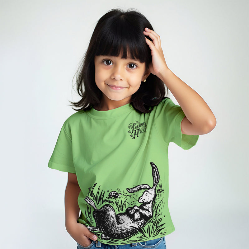 The Hare & the Tortoise Story Print Girls T shirt - Pale Green | 100% Cotton | Story-Based Kids wear