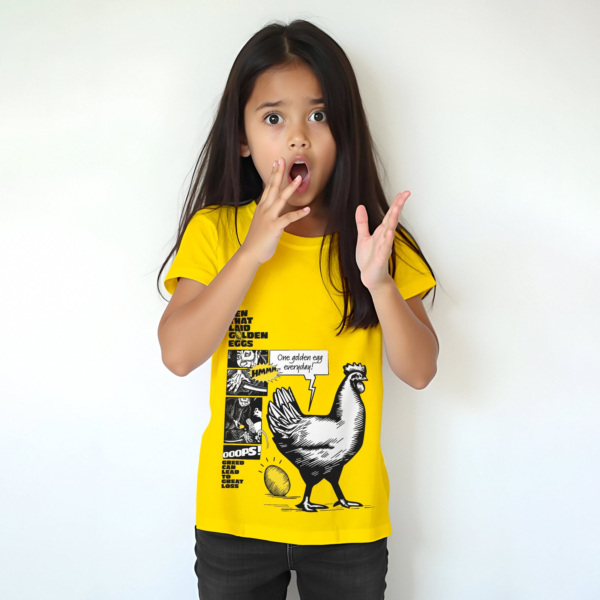 Hen that laid Golden Eggs Story Print Girls T shirt - Yellow | 100% Cotton | Story-Based Kids wear