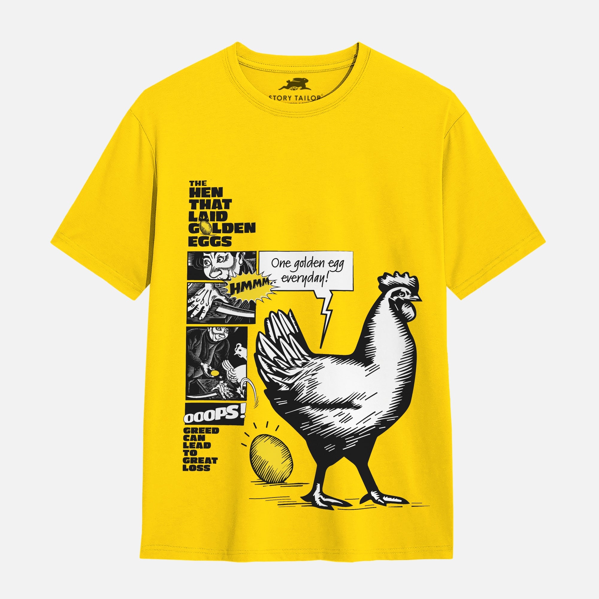 Hen that laid Golden Eggs Story Print Girls T shirt - Yellow | 100% Cotton | Story-Based Kids wear