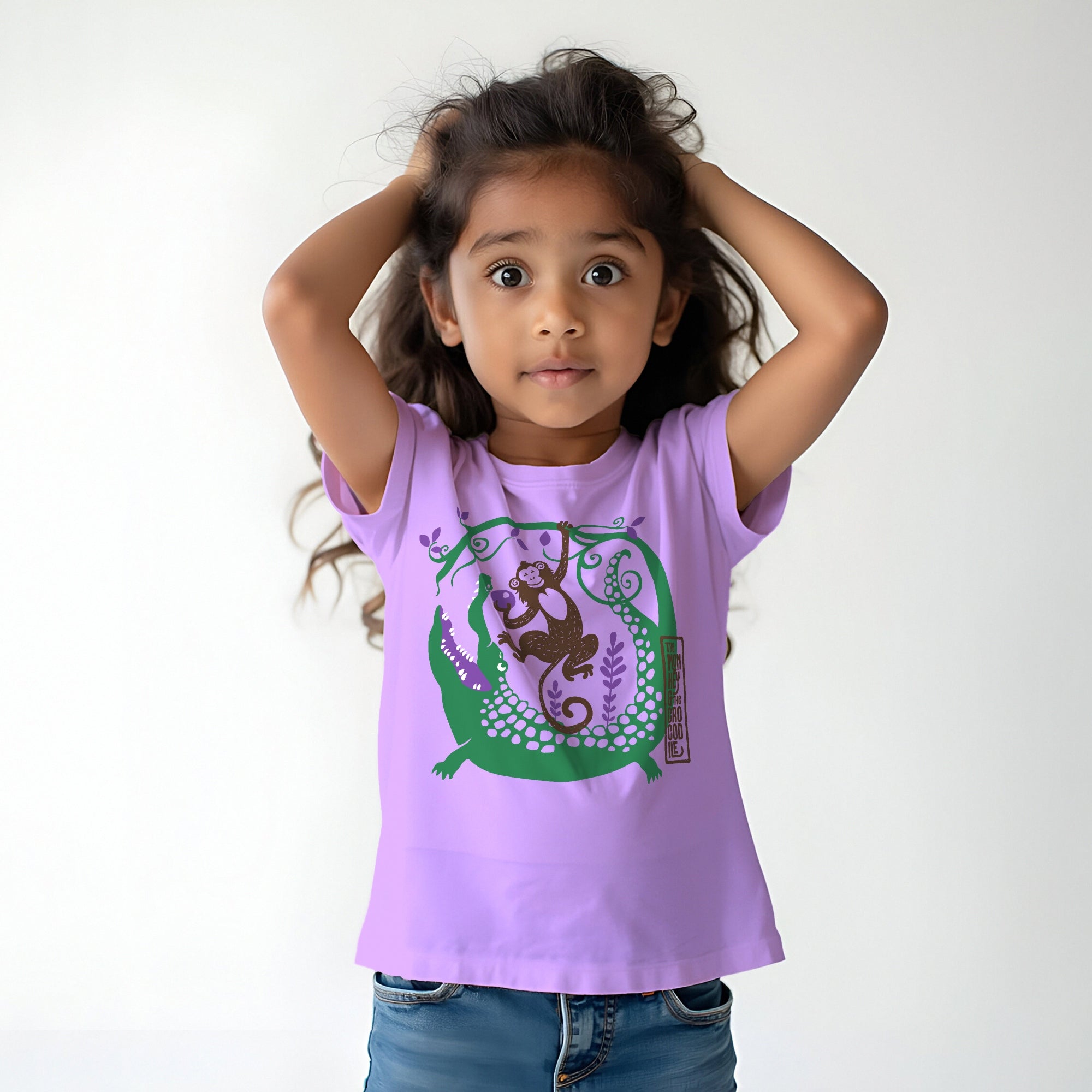 The Monkey & the Crocodile Story Print Girls T shirt - Purple | 100% Cotton | Story-Based Kids wear