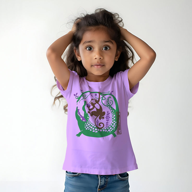 The Monkey & the Crocodile Story Print Girls T shirt - Purple | 100% Cotton | Story-Based Kids wear
