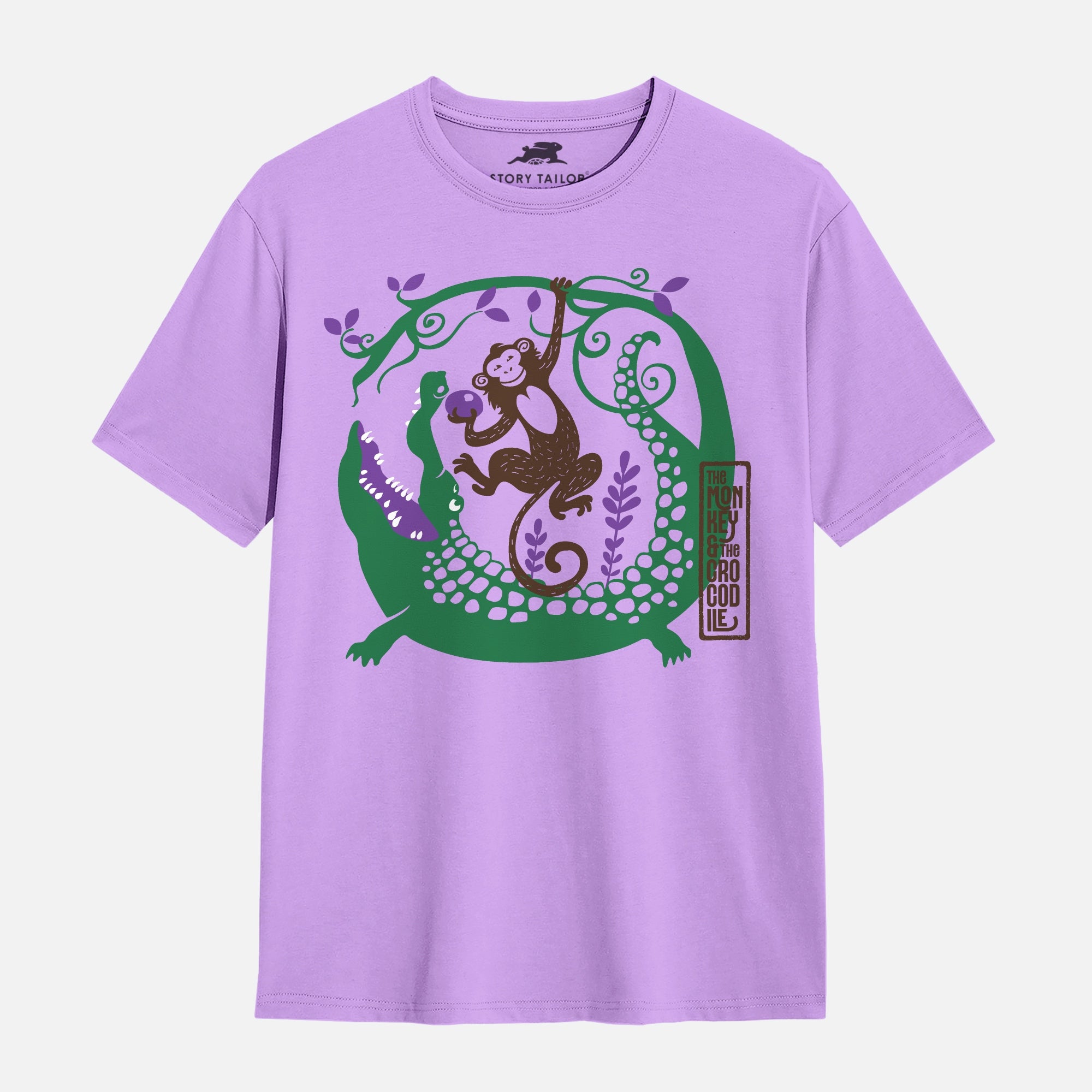 The Monkey & the Crocodile Story Print Girls T shirt - Purple | 100% Cotton | Story-Based Kids wear