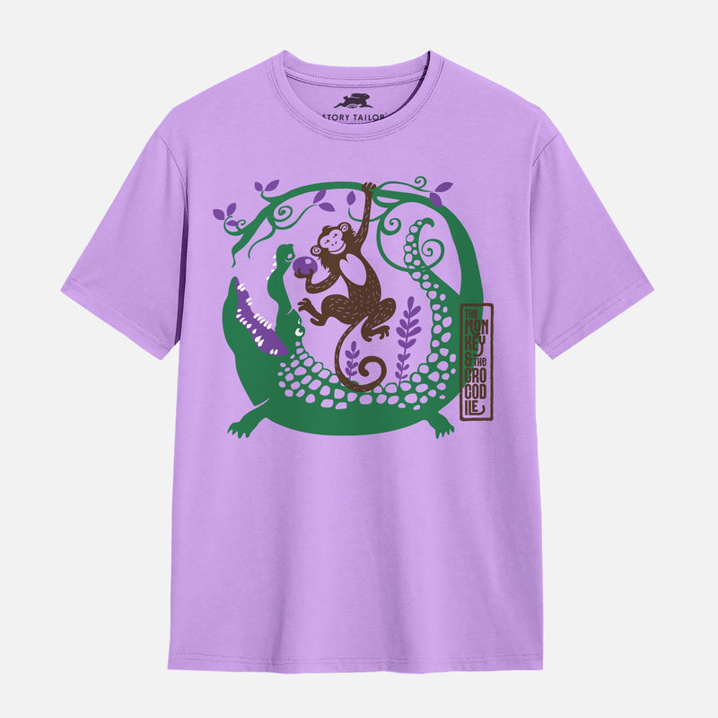 The Monkey & the Crocodile Story Print Girls T shirt - Purple | 100% Cotton | Story-Based Kids wear